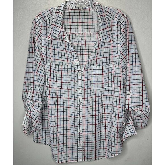 Joie White Red Blue Black & Green Plaid Front Button Pockets Long Sleeve Shirt L - Picture 1 of 13